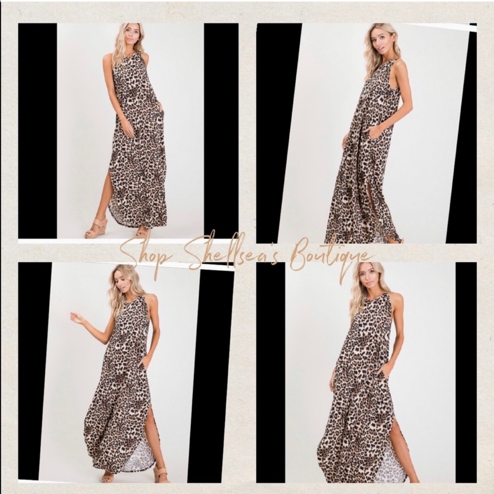 New! Animal Print Slit Maxi Dress with Pockets
